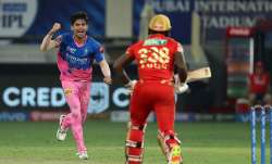 Kartik Tyagi of Rajasthan Royals celebrates the wicket of