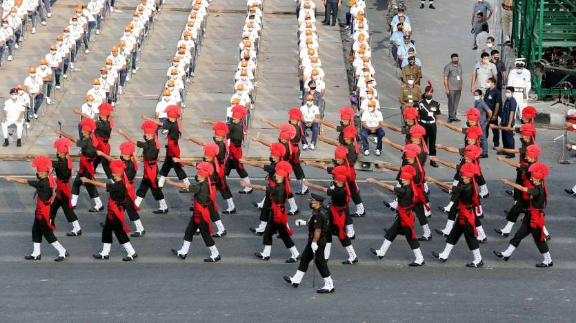 Army personnel march during the Dress Rehearsal ahead of Independence day amid high security.